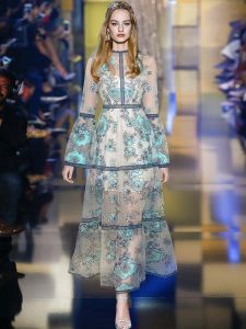 Lange jurk ontwerper hoge kwaliteit lente nieuwe dames lange mouwen geborduurd mesh runway vintage elegante mode feestjurken