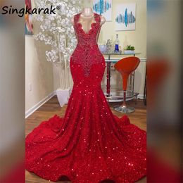 Vestidos largos 2024 Diamantes rojos Mermaid Style Rhinestones Rhinestones Cristales Sequin Black Girls Prom Party Formal Gowns