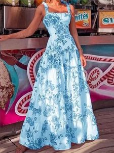 Robes longues pour femmes fleur imprimé Spaghetti sangle taille haute grande jupe ourlet dames robe Maxi 2023 été Boho Beach Party 240312