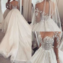 Lange jurken kanten mouwen prachtige applique chapel trein tule bedekte knopen achter pure juweel bruiloft jurk vestido de novia