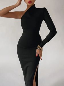 Lange elegante jurken voor vrouwen zomer een schouder maxi-jurk bodycon sexy zwarte split fomal bruiloft avondfeest 240323
