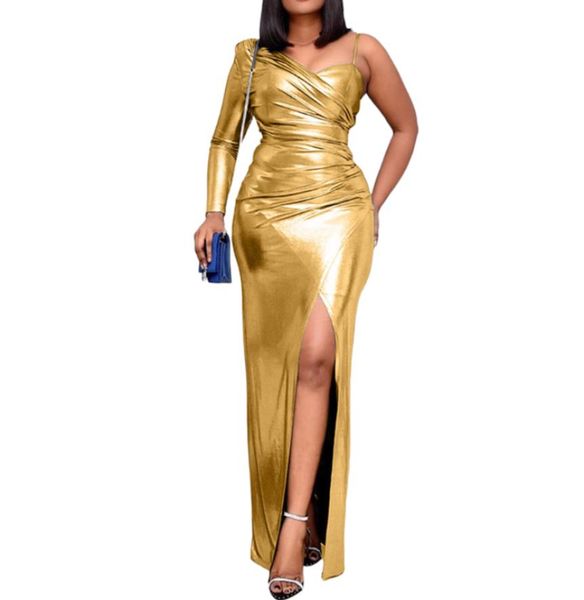 Longue robe de soirée élégante femmes fendue une épaule concepteur argent doré réfléchissant Maxi robes dîner formel robes été Cas6277264