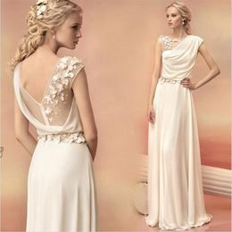 Longues Robes De Soirée 2016 Mariée Princesse Banquet Dentelle En Mousseline De Soie Robe De Bal Déesse Grecque Élégant Dos Nu fleur Plus La Taille Formelle Dr304Q