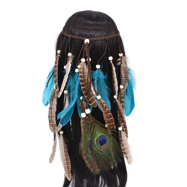 Bijoux de cheveux de plumes longues pour femmes paon de la paon indien et ethnique Charms de la plage de la plage Déclaration du bandeau bohème femelle