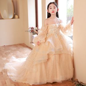 Long First Communion Princess Sparkly Tulle Flower Girl Robes Lace Ball Robe de mariage Robe Lilttle Kids Birthday Pageant Weddding Robes 403