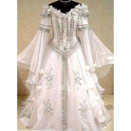 Lange flare mouw Marokkaanse bruiloft A-lijn Kaftan-jurken Bridal Troogs V-hals Vintage Victoriaanse Gothic Holloween Lace-Up Corset Bruid Jurk op maat gemaakt