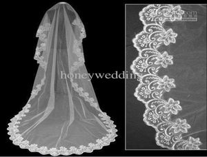 Longue longueur de plancher bordure en dentelle perlée blanc mince tulle court voile de mariage longs voiles de mariée N0019737612