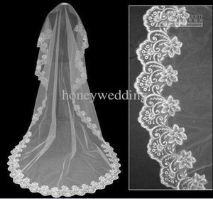 Longue longueur de plancher bordure en dentelle perlée blanc mince tulle court voile de mariage longs voiles de mariée N0015094106