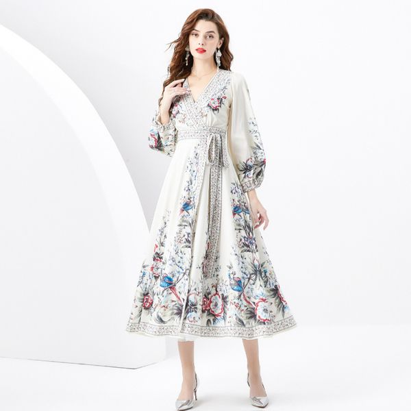 Longue Floral Resort Wrap Robes Col En V Designer Femmes Élégant Imprimé Bleu Ceintures Bow Robe A-ligne Dames Plage Vacances Casual Soirée Vêtements Printemps Eté