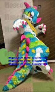 Lange Bont Harige Kleurrijke Draak Mascotte Kostuum Fursuit Volwassen Stripfiguur Outfit Pak Album Van Schilderij Concurrerende Producten zz7829