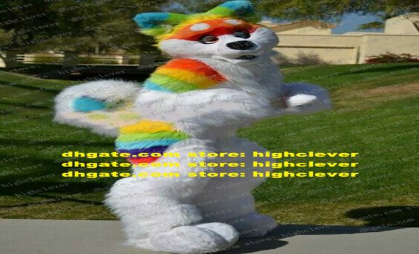 Long Fur Furry Rainbow Husky Dog Wolf Fox Fursuit Mascot Disfraz de dibujos animados para adultos Fiesta de la noche abre un negocio ZX29884629681