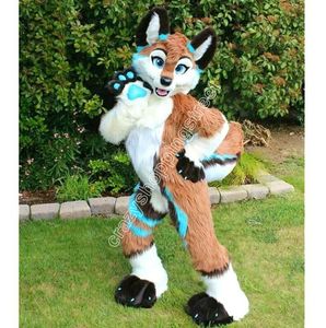 Longue Fourrure Husky Chien Renard Fursuit Furry Costume De Mascotte De Qualité Supérieure Tenues De Personnages De Dessins Animés Costume De Noël Carnaval Unisexe Adultes Carnaval Robe De Fête D'anniversaire