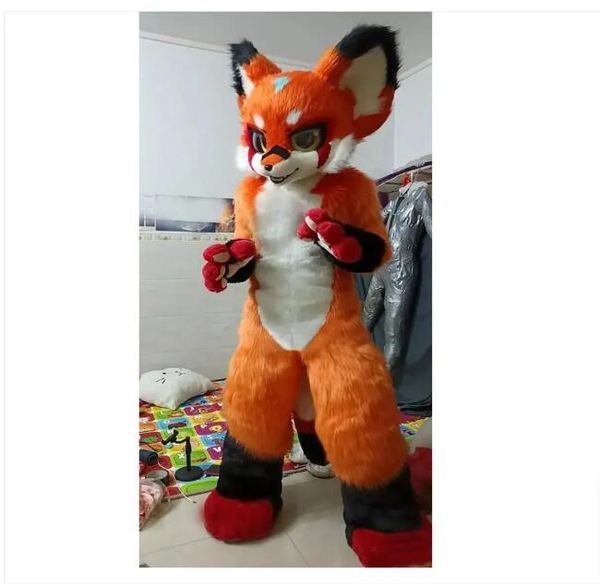 Long Fur Husky Dog Fox Mascot Mascot Costume Fursuit Halloween Suit avec masque pour la fête d'Halloween de fête pour adultes