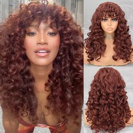 Long Ginger Afro Wigs for Black Women, Fluffy Curly Wavy Auburn Wig avec une frange, 250% de densité épaisse pneque