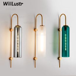 Lámpara de pared de vidrio largo, candelabro de luz, humo esmerilado, pantalla transparente azul, Metal dorado, porche para el hogar, Hotel, cafetería, iluminación para escaleras