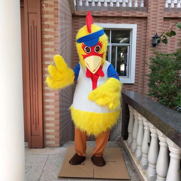 Costume de mascotte de dessin animé de coq aux cheveux longs, couvre-chef de personnage d'anime de poule, fourrure longue, costume de poulet jaune, ensemble de costumes de défilé de noël d'halloween