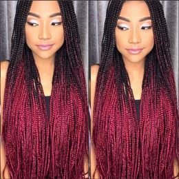 Long Handmade Box Braids wig micro braid lace front wig Ombre red Synthetic Braiding hair wig For Africa Black Women