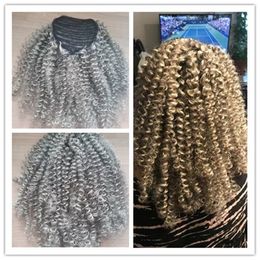 Lange hoge zilvergrijze kinky paardenstaartverlenging afro grijze paardenstaart haarstukje met trekkoord ciip in fashion europese 20inch 140g