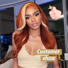 Long Honey Blonde Lace Frontal Human Hair Wig ombre Ginger Orange Full Front Highlight 28 30 pouces Wigs Synthetic Deep Wigs adaptés à toute forme de visage