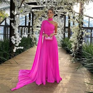 Lange hete roze chiffon avondjurken met cape a-line een schouder halter geplooide vloer lengte formele feest prom jurk voor vrouwen Vestidos de novia