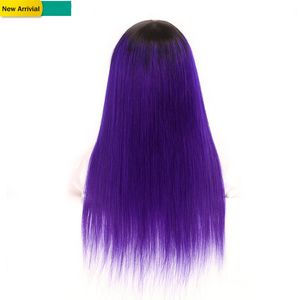 Long Menselijk Haar Gekleurde Pruik Maleisische Remy Silky Rechte Lijmloze Pruik met Pony 150% Pre Geplukt 1B Purple Ombre Machine Made Non Lace Pruik