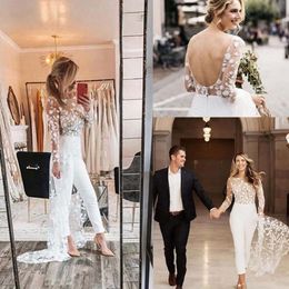 Long Jumpsuit Boho 2021 Jurken Mouwen Sexy Illusion Top 3d Flroal Applique Wedding Bridal Jurk Custom Made Vestido de Novia