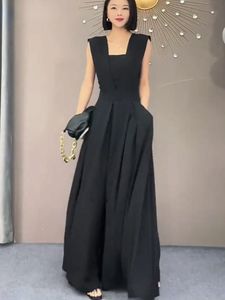 Combinaisons longues femmes noir à la mode en vrac rétro été féminin bureau-look sans manches Simple élégant solide robe de soirée 240304