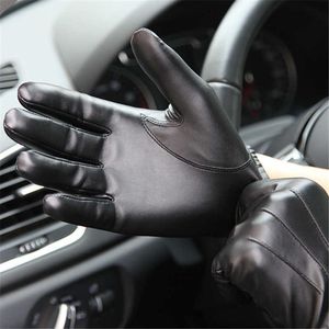 Guantes largos de cuero PU negro a la moda para hombre, guantes de cuero para conducir de estilo fino para hombre, guantes antideslizantes con dedos completos, pantalla táctil de Palma H0818