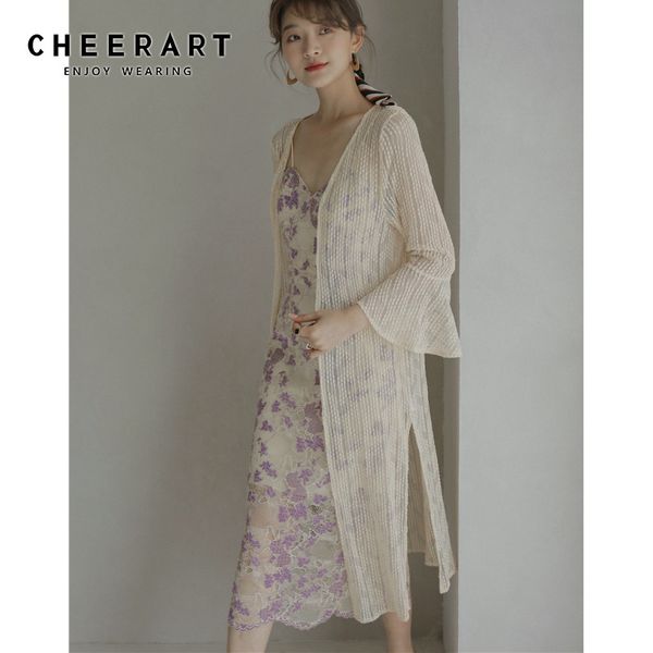 Long Kimono Cardigan Mesh Summer Flare Sleeve Transparent Blouse See Through Top Ladies Beach 210427