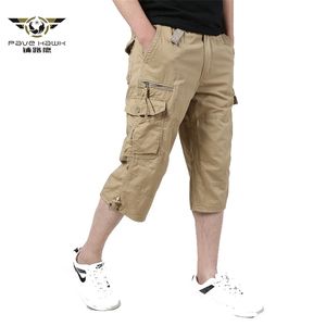 Lange lengte vracht shorts mannen zomer knie multi pocket casual katoen elastische taille bermudas mannelijke militaire stijl rijbroek 210629
