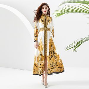 Longue Maxi Bouton Chemise Robe De Cocktail Manches Évasées Designer Femmes Col Montant Vintage Palais Robes Imprimées Bouton Élégant Cardigan Casual Robes De Soirée