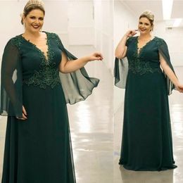 Lange moeder van de bruid jurken 2021 capelet vloer lengte diepe v-hals kralen chiffon plus size vestido de madrinha farsali