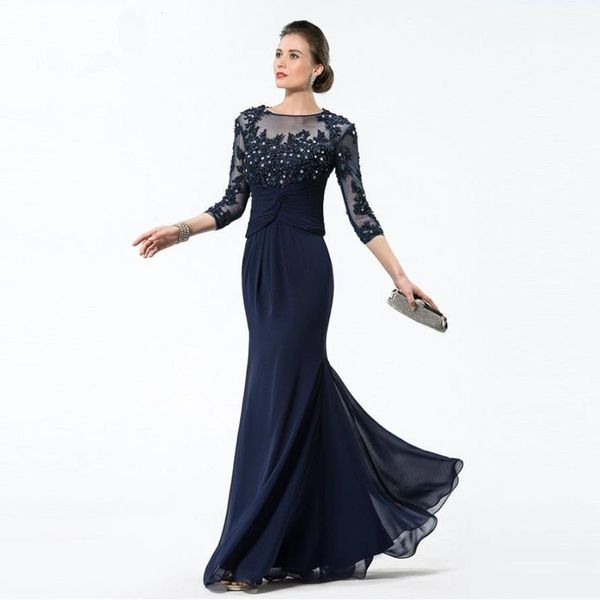 Robes mère de la mariée longues bleu marine 2019, en mousseline de soie, avec des appliques perlées, corsage transparent, manches 3/4, robes de soirée pour mères222k