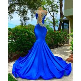 Lange nek Royal O Blue Prom -jurken voor zwarte meisjes Appliques Verjaardagsfeestje Jurk Mermaid avondjurken Robe de Bal