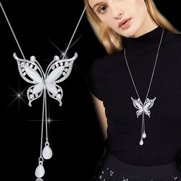 Sautoir pour femmes mode opale papillon colliers pendentifs chandail chaîne bijoux