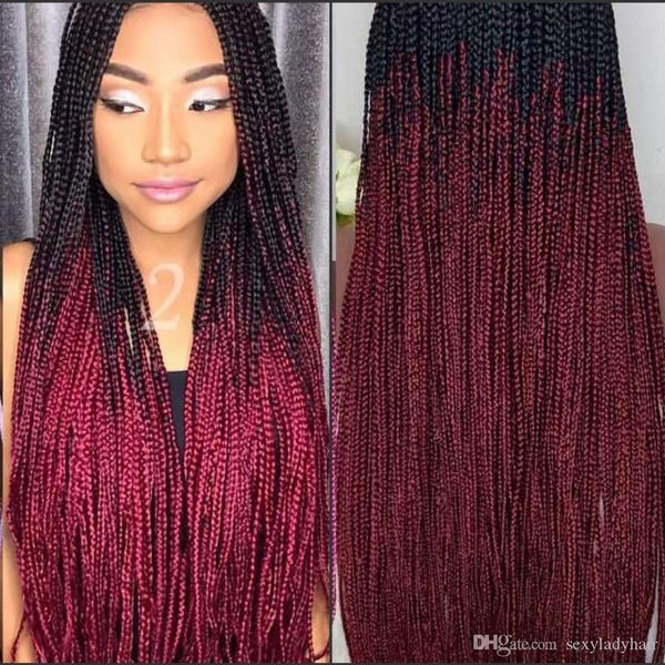 Longue Ombre bordeaux rouge boîte perruque tressée femmes afro-américaines style cheveux brésiliens pleine dentelle avant perruque de cheveux de bébé avec tresse