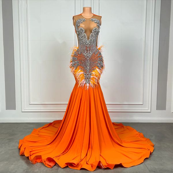 Vestido largo naranja ajustado de sirena para graduación, vestido de noche de graduación con cuentas plateadas y diamantes de imitación, vestidos de Gala de graduación de lujo de satén para niñas negras africanas 2024