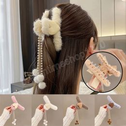 Lange parel Tassel pluche haarklauw boog furry faux bont klem voor vrouwen haaraccessoires hou van hart pluizige haarclip haarspelden