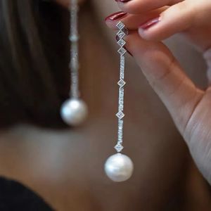 Lange Parel Zirkoon Dangle Earring 925 Sterling Zilver Party Wedding Drop Oorbellen voor Vrouwen Bruidsverlovingsbelofte Sieraden 240301