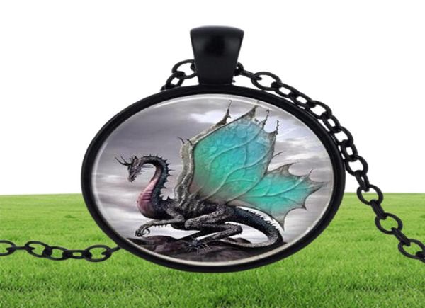 Long Pendants Time Gem Collier Animal Blue Dragon Convexe Verre Round Bijoux fait à la main trois du 5145964