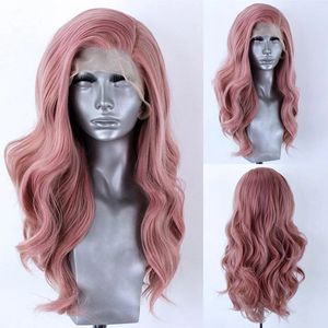 Lang roze Perruque menselijk haar pruik lichaamsgolf kant frontale synthetische pruiken hittebestendig voor zwart / witte vrouwen