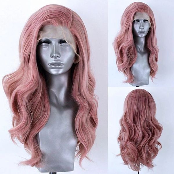 Perruque Lace Frontal Wig synthétique rose longue, cheveux naturels, Body Wave, résistante à la chaleur, pour femmes noires/blanches