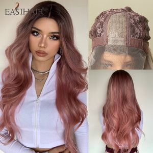 Pelucas de pelo sintético ondulado largo y rosa para mujer, pelucas coloridas para Cosplay, parte media resistente al calor, uso diario, fábrica de pelo falso directo