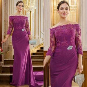 Lange Pruim Moeder Van De Bruid Jurken 3/4 Mouwen Off-Shoulder Tule Kant Moeder Jurken Voor Arabische Zwarte Vrouwen Kralen kant Bruiloft Gast Outfit Jurken AMM032