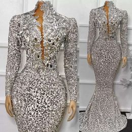 Longues manches Sier Sorking Taille Robes High Neck Sequins Sparkly Plefesd Plefhed Plonging Floor Longueur Custom Mated Prom Prom Party Robes Vestido