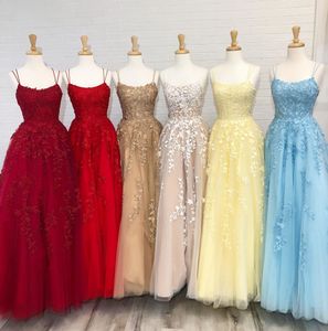 Lange Prom Jurken 2020 Ballgown Lila Kant Pageantjurken Lichtijs Blauw Lace Up Back Formal Event Slijtage Spaghetti Hals Echte Pictures