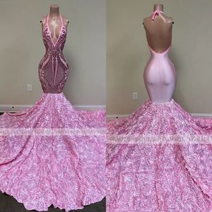 Longues robes de bal sirène 2022 filles noires sequin sexy halter arrière 3d fleurs africain femmes robes de fête de soirée formelle 234z