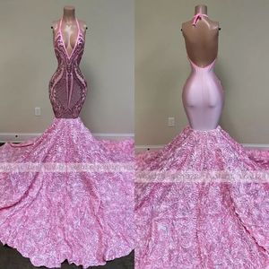 Longues robes de bal sirène 2022 filles noires sequin sexy halter arrière 3d fleurs africain femmes robes de fête de soirée formelle 302i