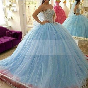 Lange Puffy Prom Dresses Baljurk Sweetheart Beaded Sparkly Pageant Party Floor Length Light Blue Prom Dress