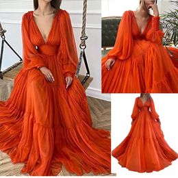 Lange puffy mouwen prom jurk v nek a-line baljurk tule formele avondjurken plus size arabisch aso ebi stijlvolle feestprinses formeel